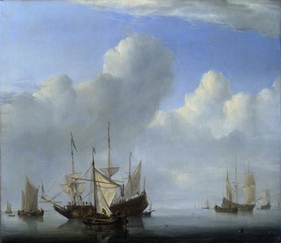 Een schip dat voor anker gaat en een ander onder zeil door Willem van de Velde the Younger